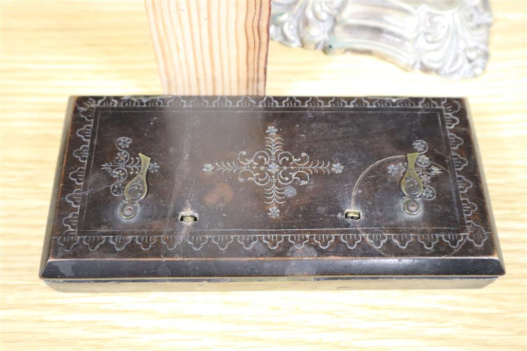 A Victorian Sheffield plate candlestick, one other, a set of Herbertz Guinea scales, a small tortoise carapace etc. (6)